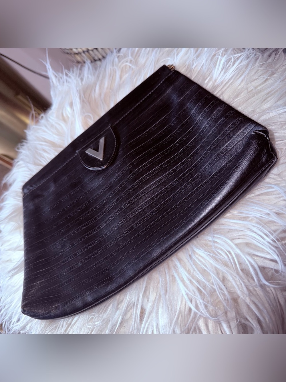Mario Valentino Black Embossed Leather Clutch with V Logo